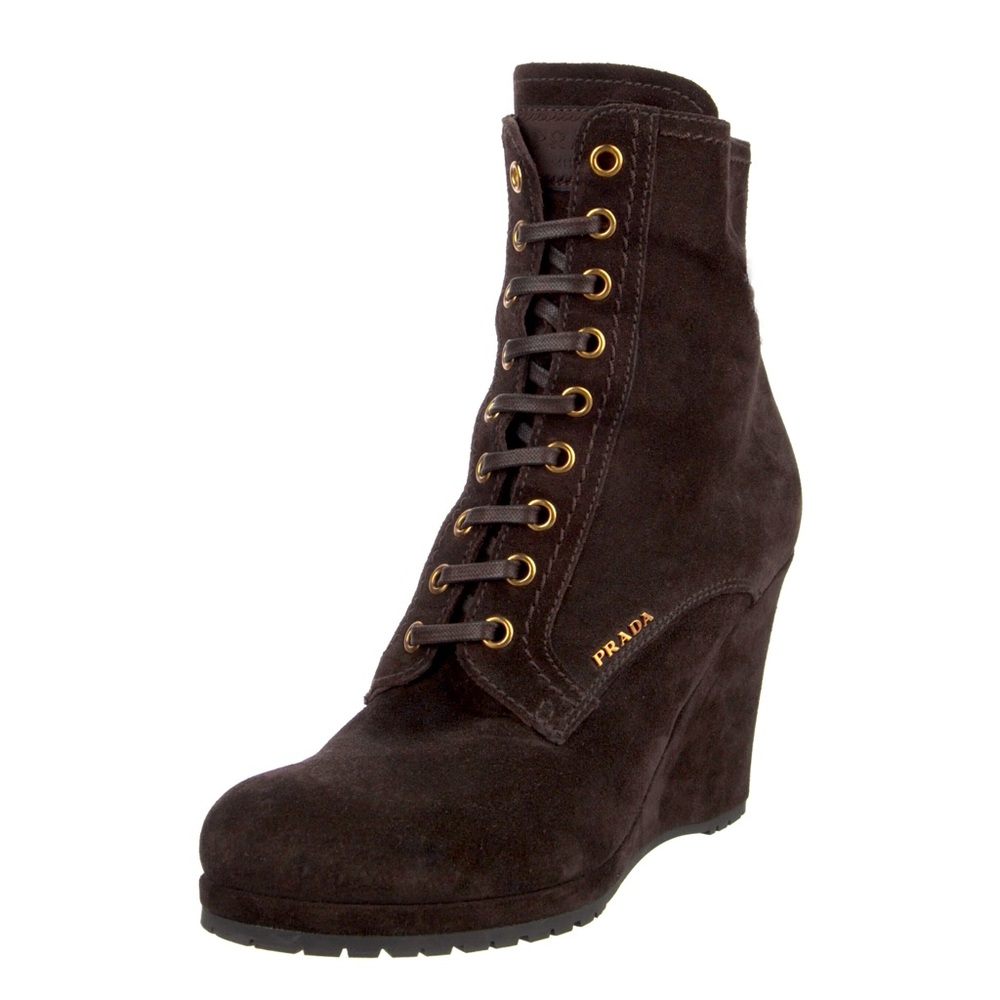 Prada Women's Wedge Platform Boots Size US 6 / EU 37  Brown Suede Lace Up Ankle